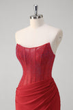 Sparkly Red Mermaid Strapless Satin Long Prom Dress with Slit
