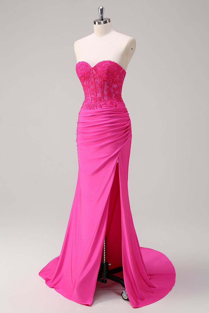 Fuchsia Strapless Sequins Mermaid Prom Dresses with Slit VK24032506