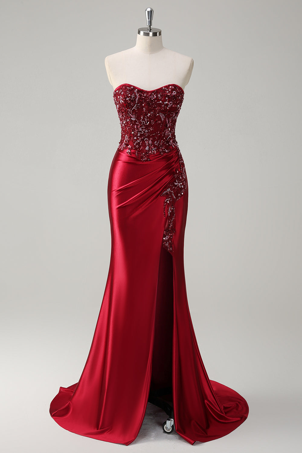 ZAPAKASA Women Sparkly Dark Red Floral Mermaid Long Prom Dress with Slit Beaded Corset Formal Wedding Guest Dress