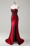 Sparkly Dark Green Mermaid Floral Beaded Corset Long Prom Dress with Slit
