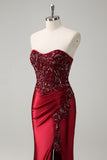 Sparkly Dark Green Mermaid Floral Beaded Corset Long Prom Dress with Slit