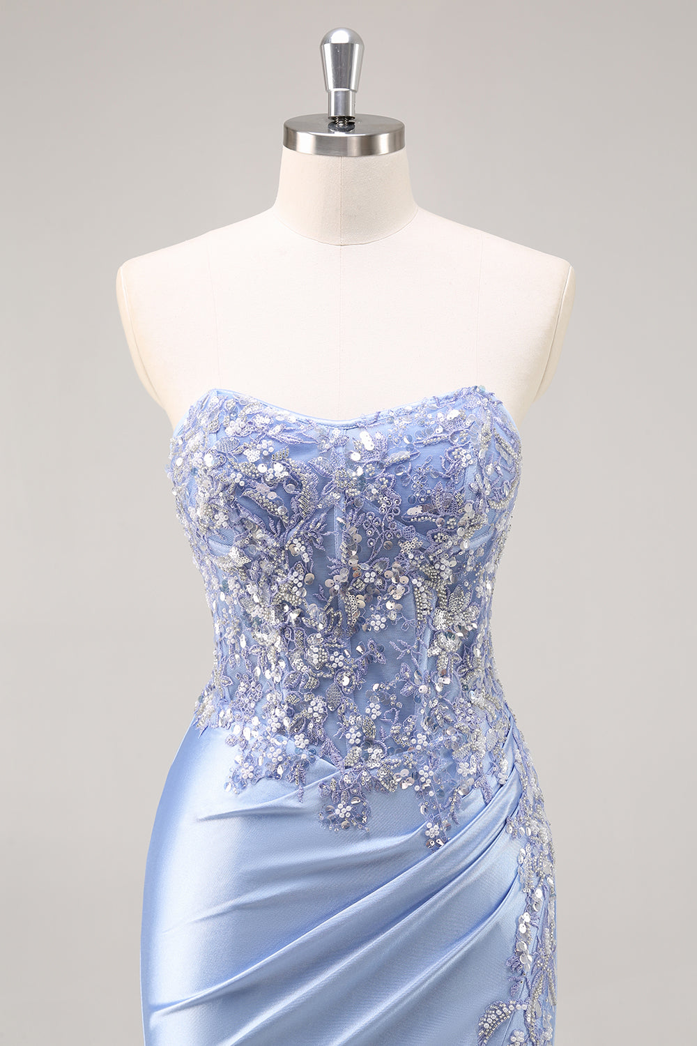 Zapakasa Women Sparkly Blue Satin Corset Long Prom Dress with Slit