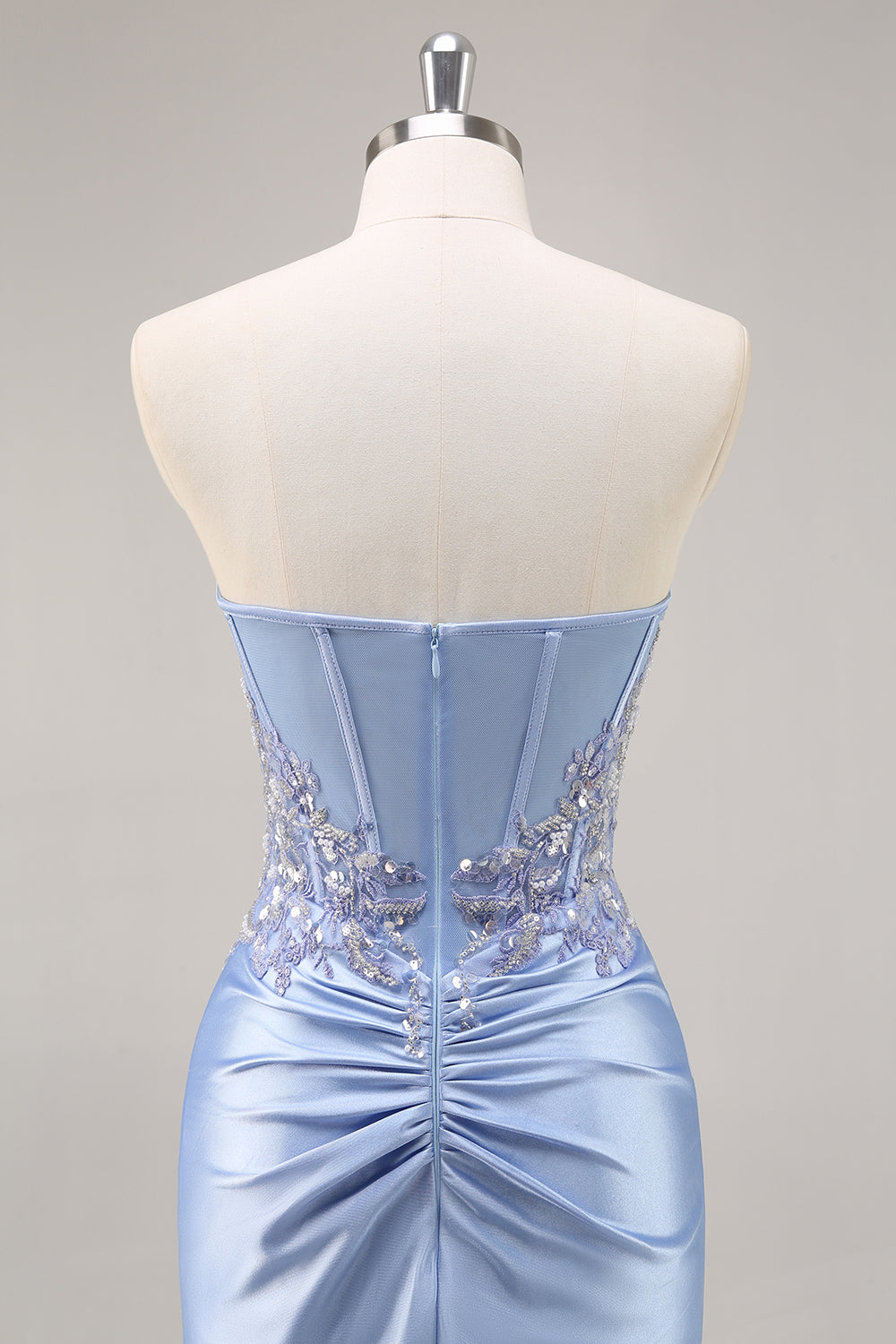 Sparkly Blue Corset Satin Mermaid Long Prom Dress with Slit
