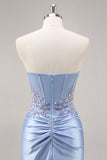 Sparkly Blue Corset Satin Mermaid Long Prom Dress with Slit