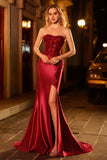 Sparkly Burgundy Floral Beaded Mermaid Long Corset Prom Dress with Slit