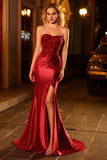 Sparkly Burgundy Floral Beaded Mermaid Long Corset Prom Dress with Slit