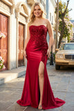 Plus Size Sparkly Burgundy Floral Mermaid Long Corset Prom Dress with Slit
