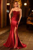 Sparkly Burgundy Floral Beaded Mermaid Long Corset Prom Dress with Slit