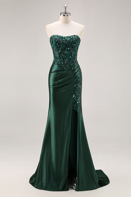 ZAPAKASA Women Sparkly Dark Green Floral Mermaid Long Prom Dress with Slit Beaded Corset Formal Wedding Guest Dress