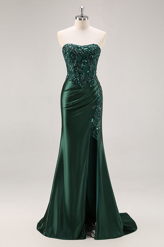 ZAPAKASA Women Sparkly Dark Green Floral Mermaid Long Prom Dress with Slit Beaded Corset Formal Wedding Guest Dress
