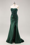 Sparkly Burgundy Floral Mermaid Beaded Corset Long Prom Dress with Slit