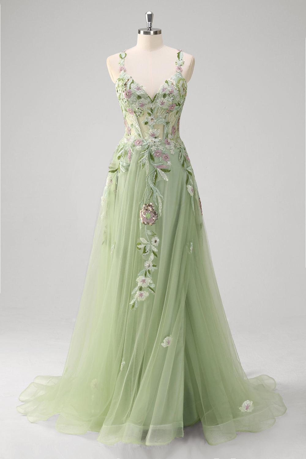 Sparkly Green A Line Sequin Corset Embroidered Long Prom Dress With Slit