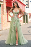 Green Floral A-Line Applique Prom Dress Corset Lace-Up Back Evening Dress with Slit