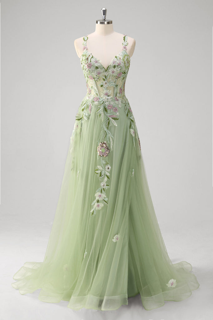 Green Organza Prom Dresses with Slit, Pockets & Basque Waistline - FD5122 main image 0