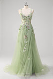 Sparkly Green A Line Sequin Corset Embroidered Long Prom Dress With Slit