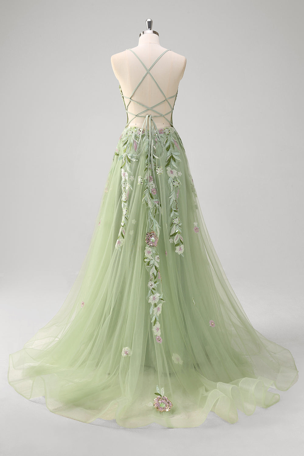 Sparkly Green A Line Sequin Corset Embroidered Long Prom Dress With Slit