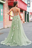 Green Floral A-Line Applique Spaghetti Straps Long Prom Dress with Slit