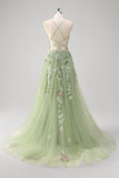 Sparkly Green A Line Sequin Corset Embroidered Long Prom Dress With Slit