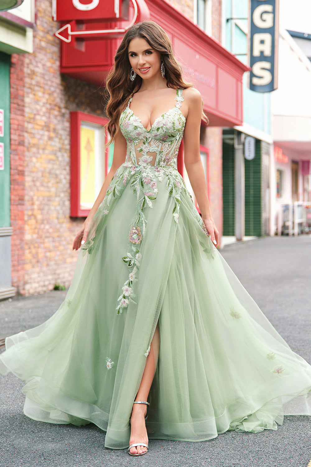 Zapakasa Women Green Floral A-Line Applique Prom Dress Corset Lace-Up Back Evening Dress with Slit Zapakasa Women Green Floral A-Line Applique Prom Dress Corset Lace-Up Back Evening Dress with Slit