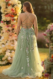 Plus Size Sparkly Green Sequins Embroidered Long Corset Prom Dress With Slit