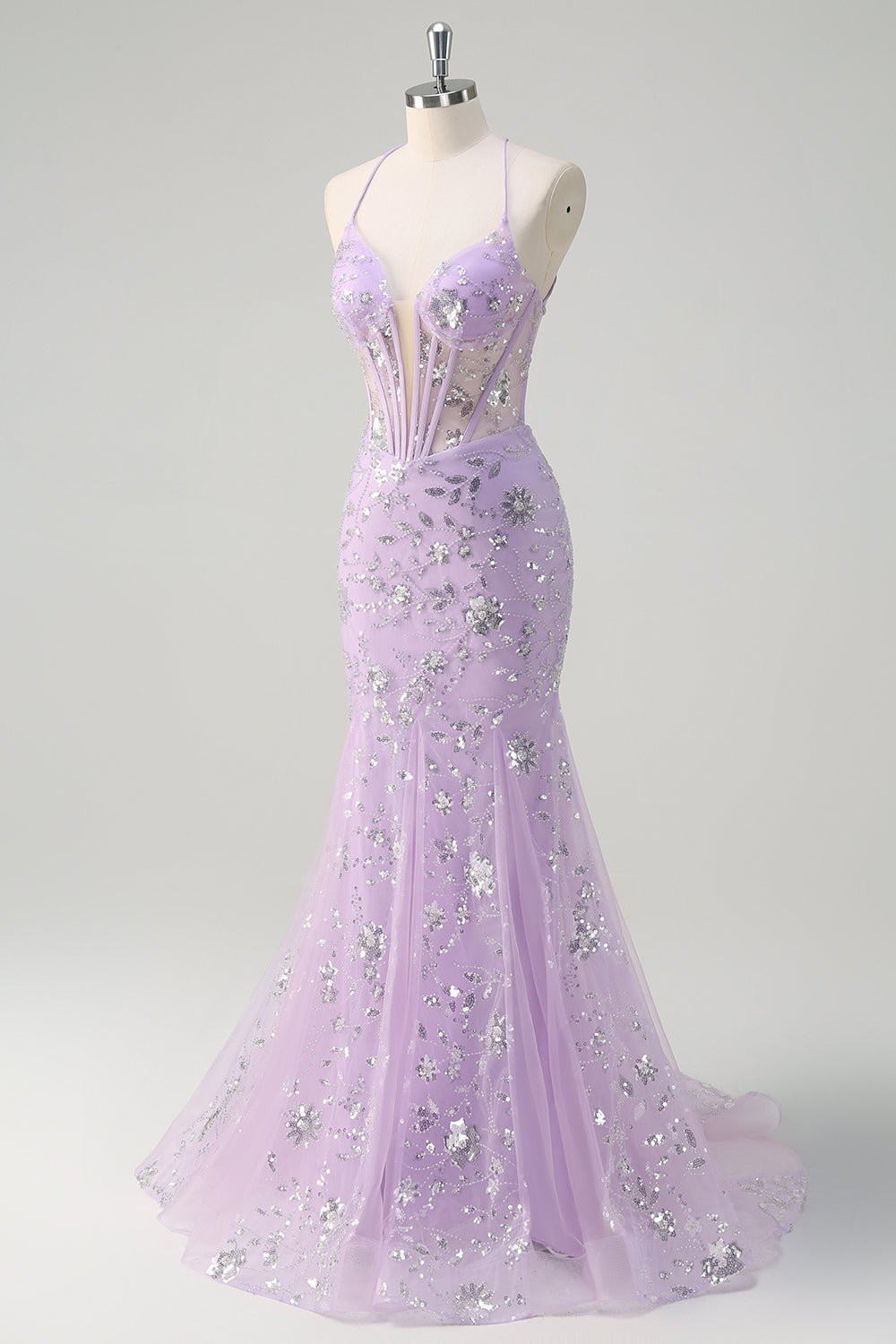Zapakasa Women Sparkly Lilac Beaded Mermaid Prom Dress Spaghetti Straps Sequined Corset Formal Dress, Lilac / US16 Zapakasa Women Sparkly Lilac Beaded Mermaid Prom Dress Spaghetti Straps Sequined Corset Formal Dress, Lilac / US16