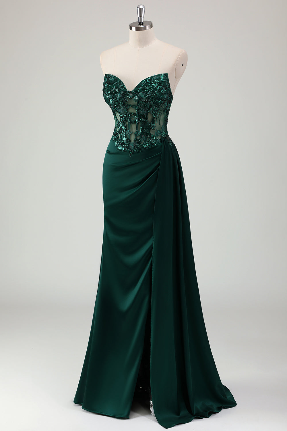 Sparkly Dark Green Sheath Corset Long Lace Prom Dress with Slit