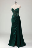 Sparkly Dark Green Sheath Corset Long Lace Prom Dress with Slit