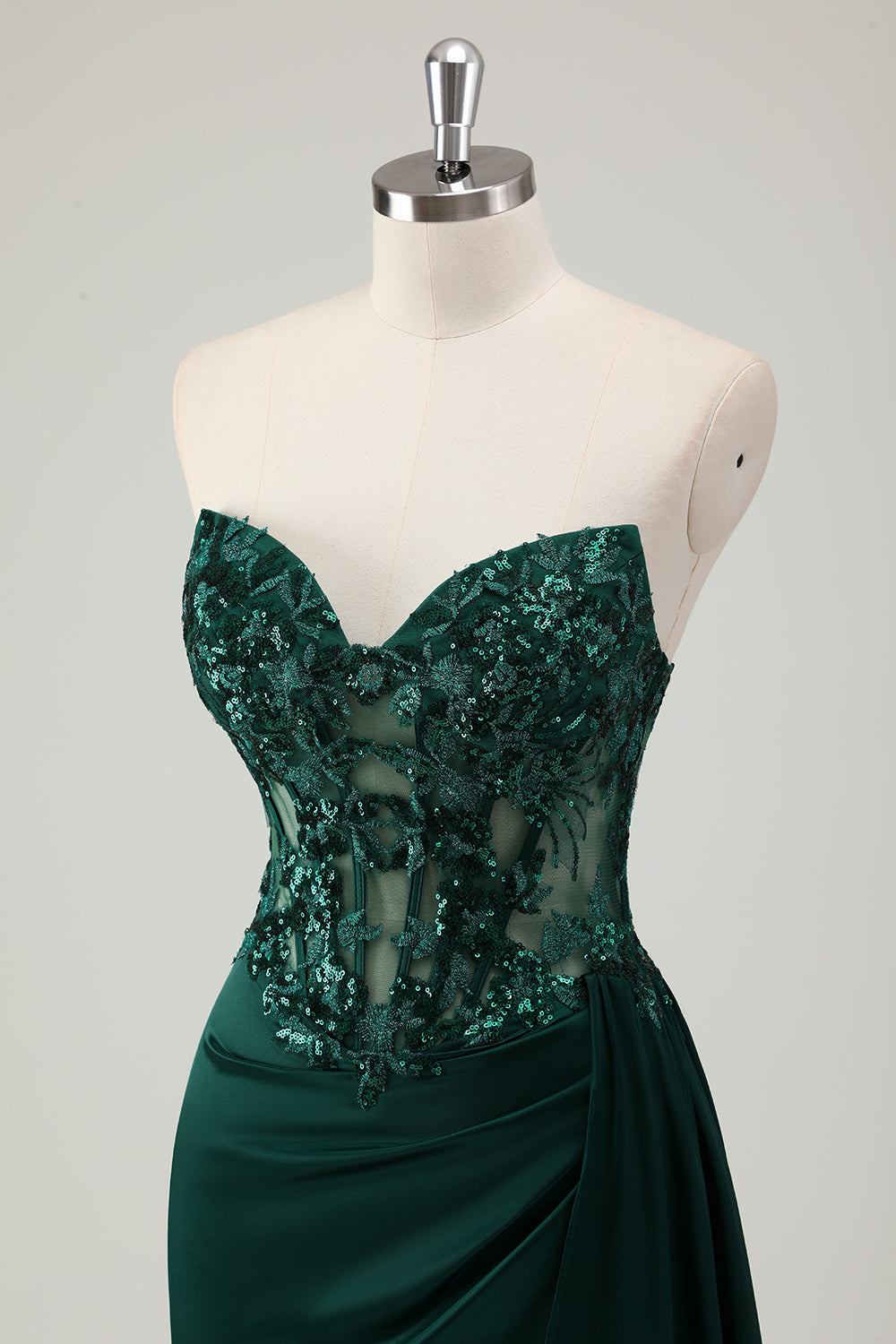 Sparkly Dark Green Sheath Corset Long Lace Prom Dress with Slit