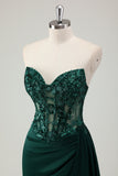 Sparkly Dark Green Sheath Corset Long Lace Prom Dress with Slit