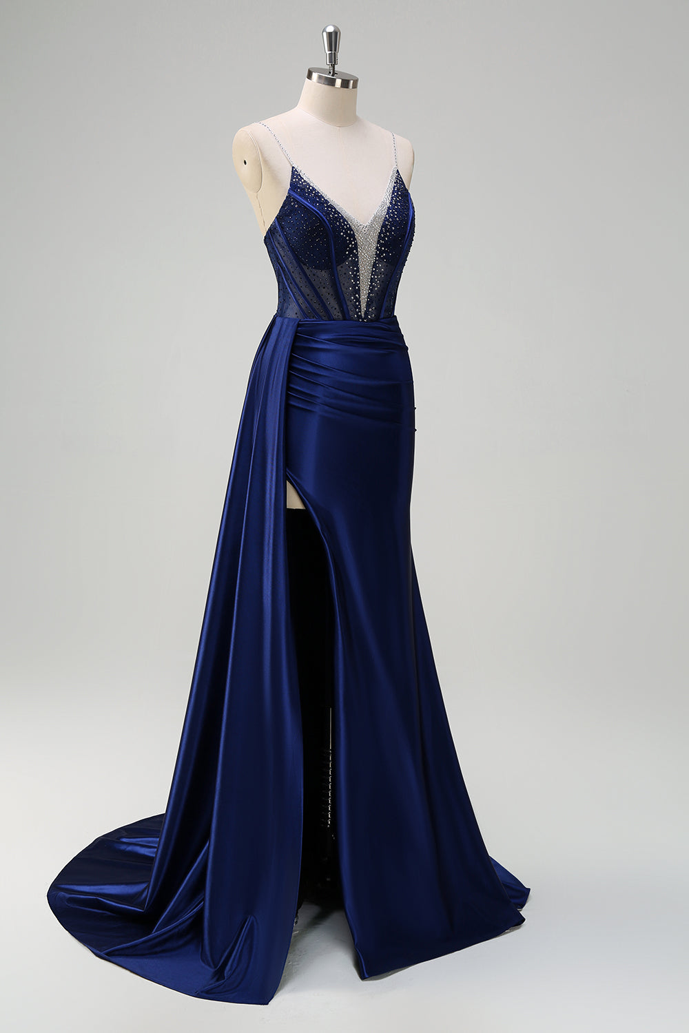 Zapakasa Women Navy Mermaid Beaded Prom Dress Spaghetti Straps Corset Evening Dress with Slit Zapakasa Women Navy Mermaid Beaded Prom Dress Spaghetti Straps Corset Evening Dress with Slit