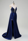 Navy Beaded Mermaid Spaghetti Straps Long Prom Dress with Slit