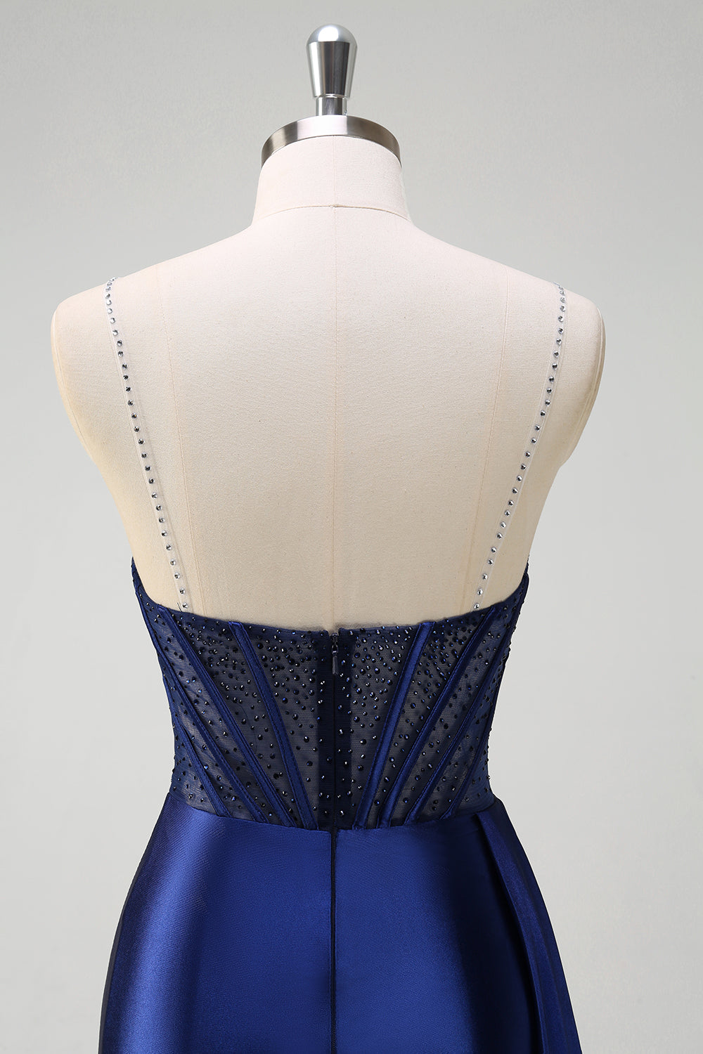 Navy Beaded Mermaid Spaghetti Straps Long Prom Dress with Slit