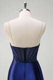 Navy Beaded Mermaid Spaghetti Straps Long Prom Dress with Slit