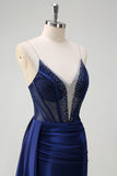 Navy Beaded Mermaid Spaghetti Straps Long Prom Dress with Slit