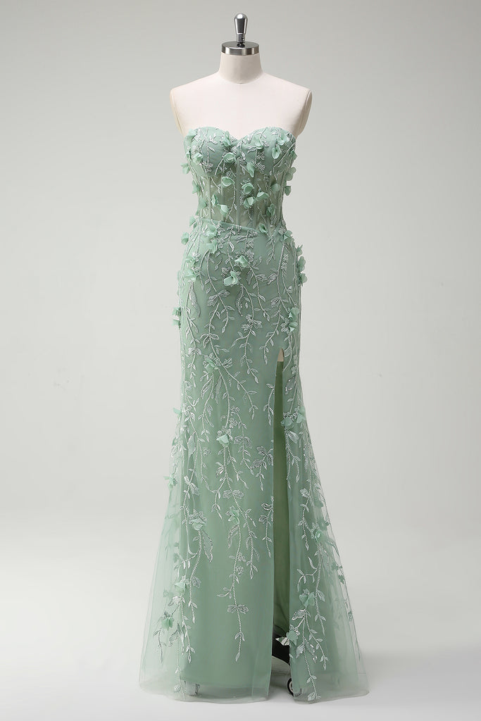 Strapless Sweetheart Dresses with Cascade Skirt Sage Plus Size