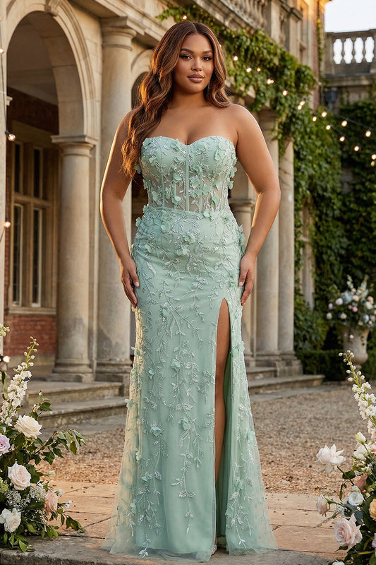 Plus Size Sage Mermaid Sweetheart Floral Appliqued Long Prom Dress with Slit