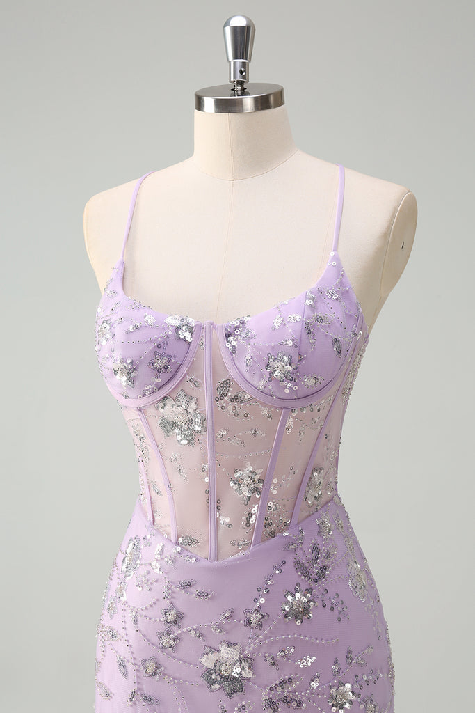 Glitter Lilac Spaghetti Straps Sheath Slit Long Sequins Prom Dress main image 1