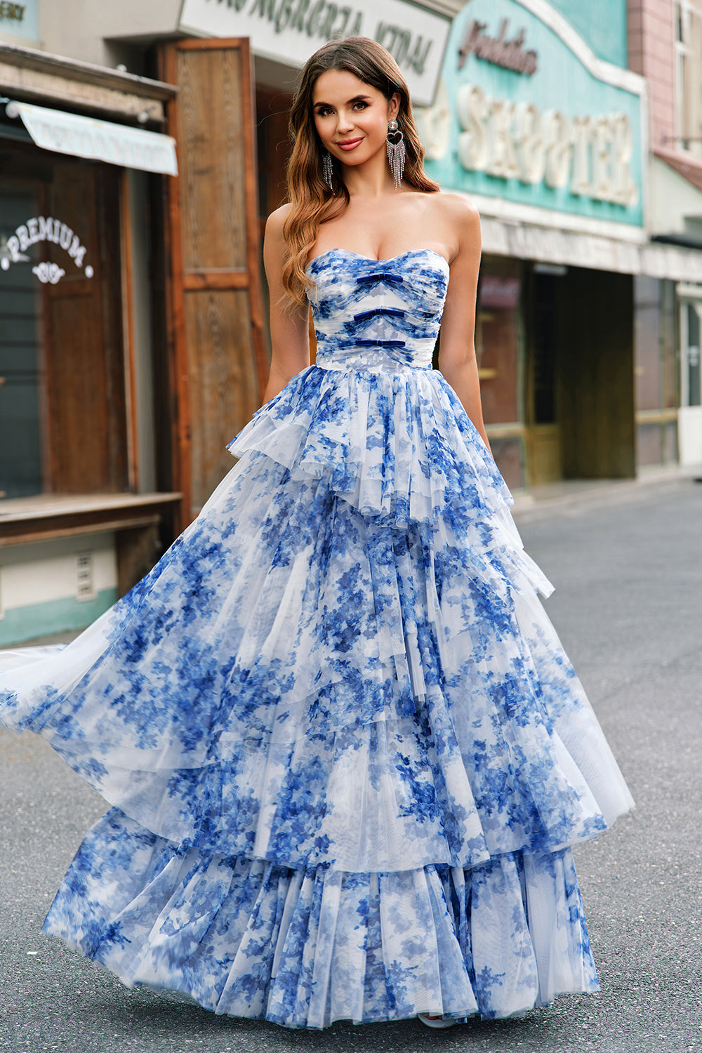 blue and white flower prom dress Sherri Hill Floral Print Lace-up 57223 Ivory/Fuchsia / 0 Featuring a plunging V Stacees 2026 A-line Spaghetti Strap