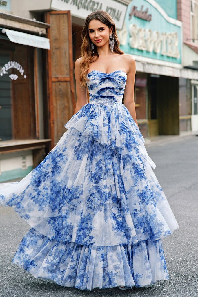 Zapakasa Women White Blue Flower Tiered Prom Dress A-Line Sweetheart