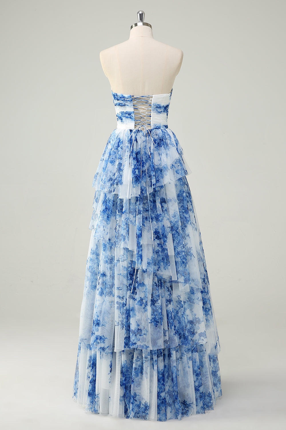White Blue Flower A-Line Strapless Tiered Long Prom Dress with Bows