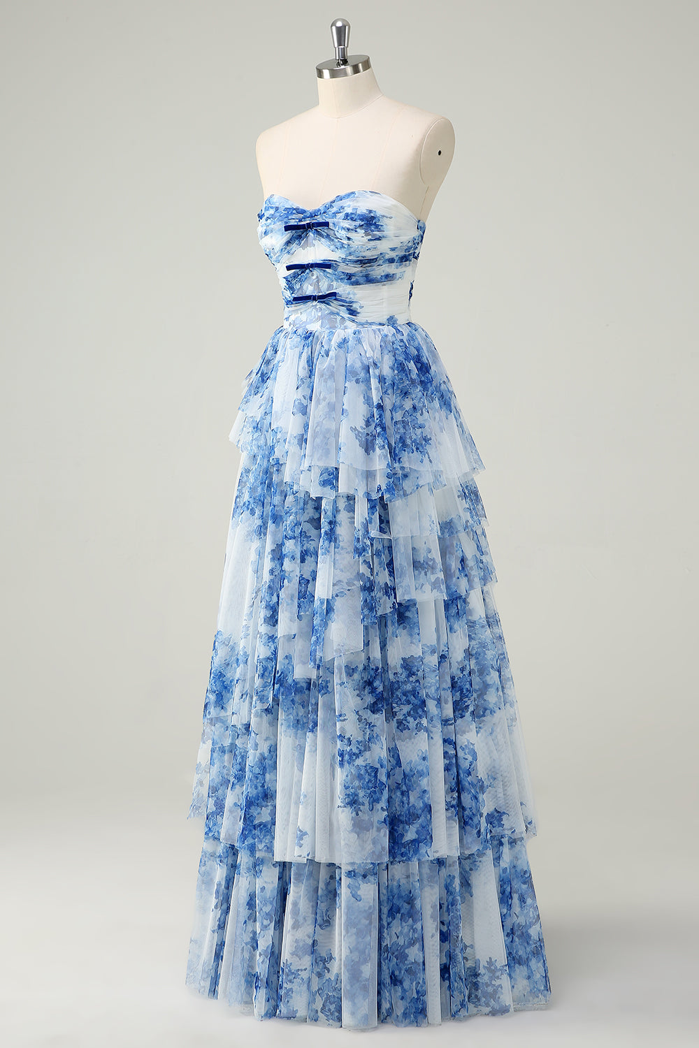 Zapakasa Women White Blue Flower Tiered Prom Dress A-Line Sweetheart
