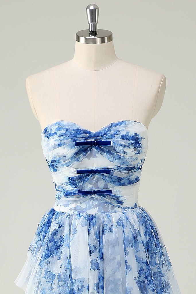 Zapakasa Women White Blue Flower Tiered Prom Dress A-Line Sweetheart