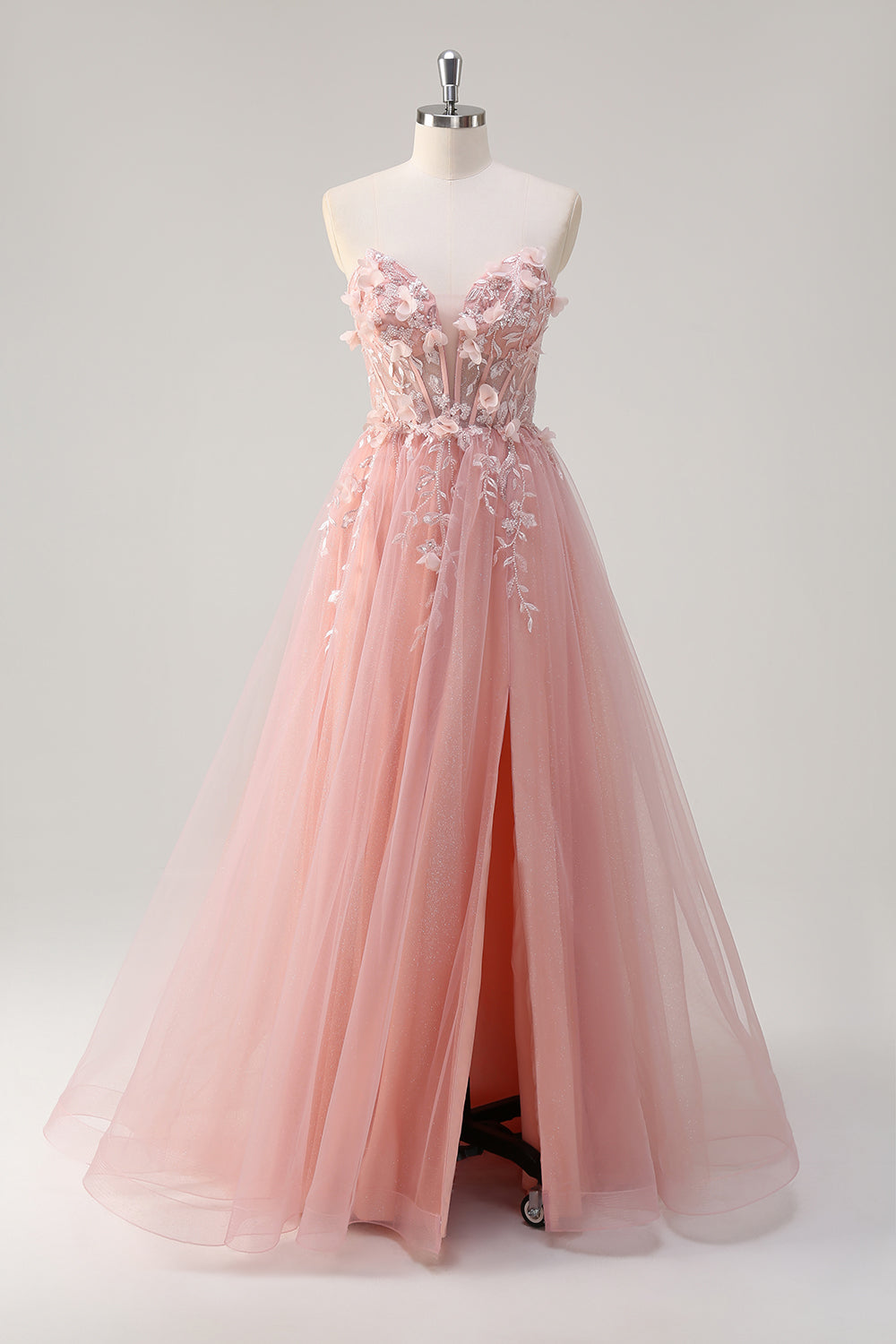 ZAPAKASA Women Sparkly Pink Floral A-Line Prom Dress Sweetheart Corset Evening Dress with Slit ZAPAKASA Women Sparkly Pink Floral A-Line Prom Dress Sweetheart Corset Evening Dress with Slit
