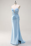 Sky Blue Sheath Floral Sweetheart Long Prom Dress with Slit