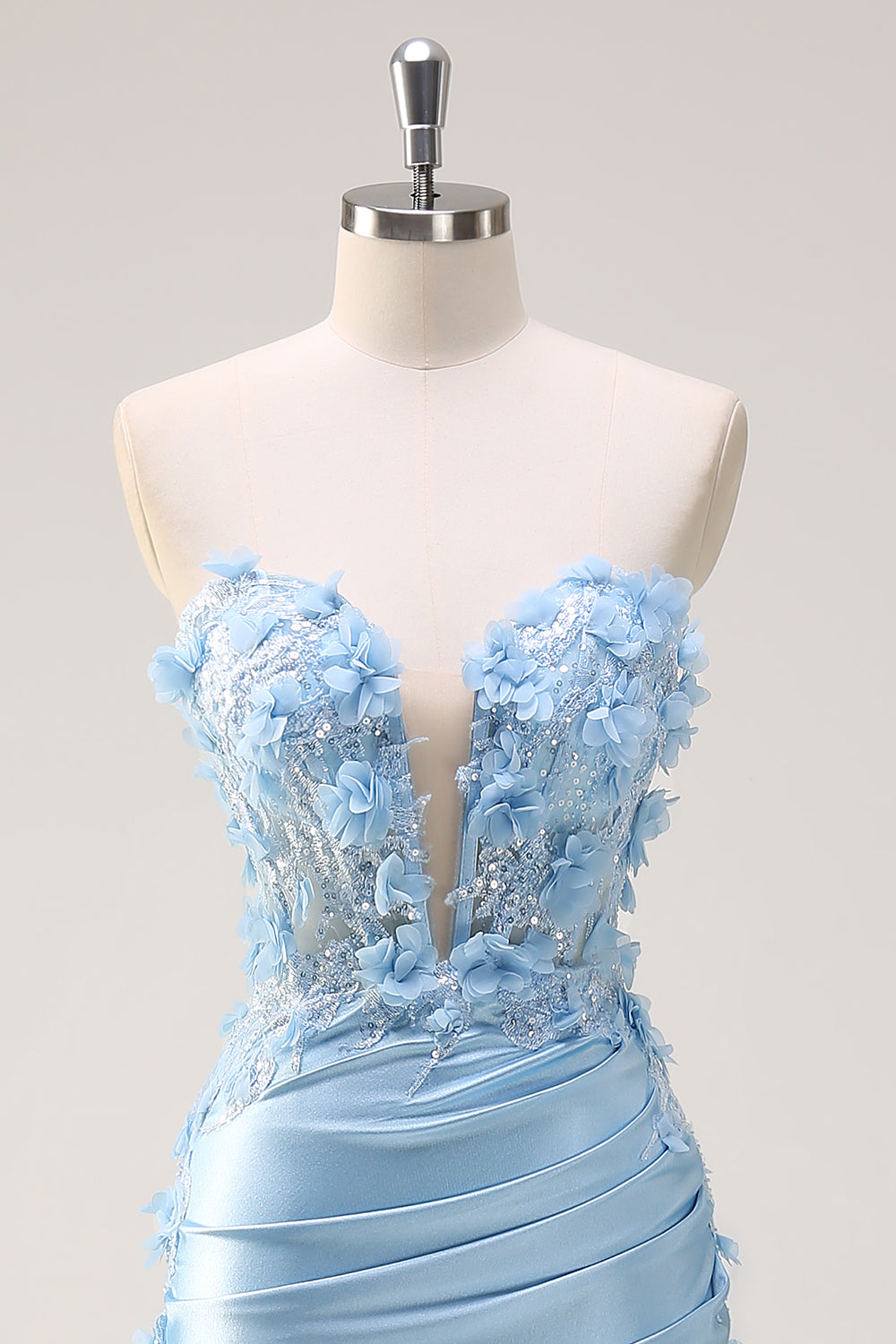 Sky Blue Sheath Floral Sweetheart Long Prom Dress with Slit