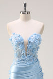 Sky Blue Sheath Floral Sweetheart Long Prom Dress with Slit