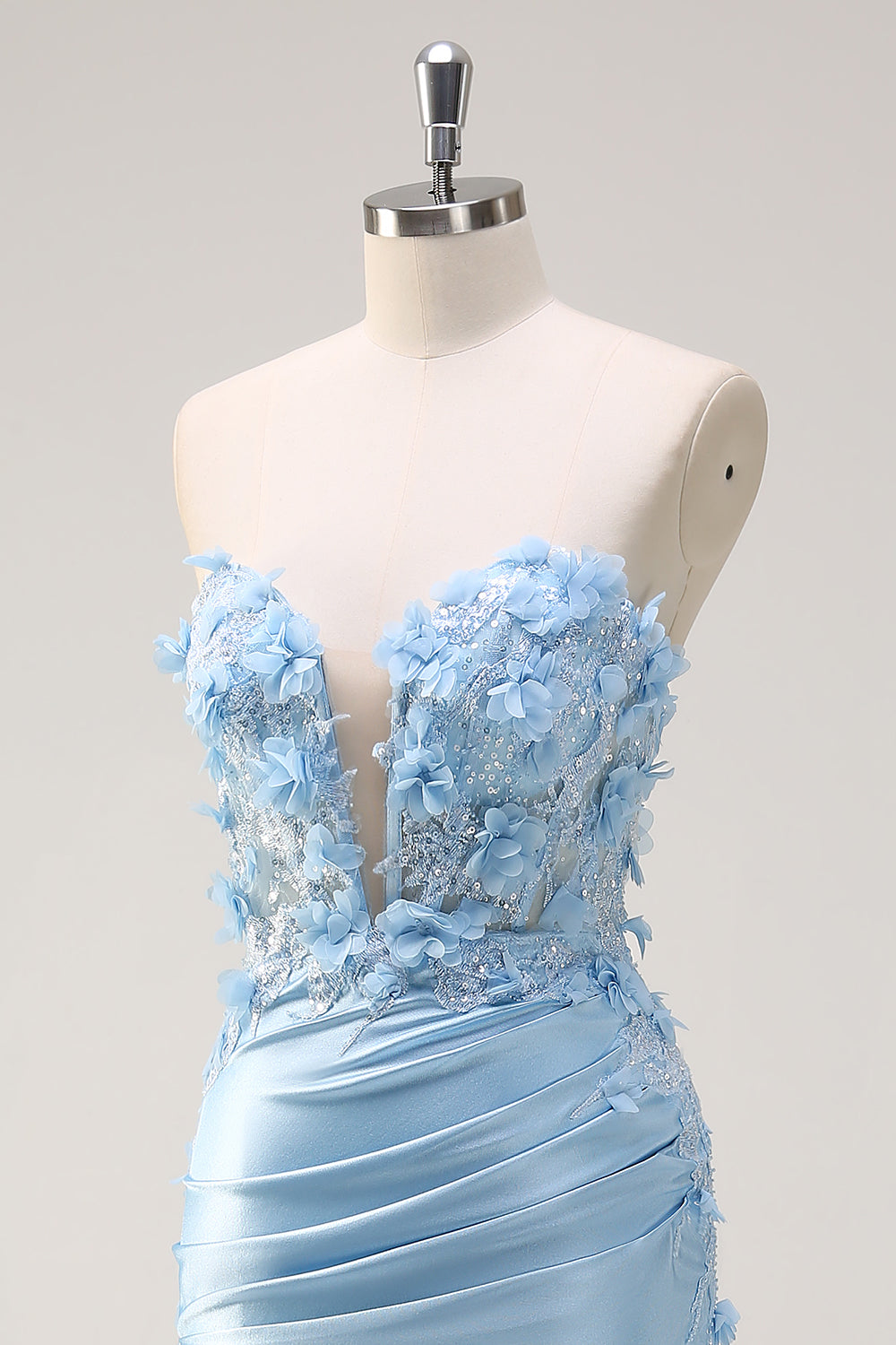 Sky Blue Sheath Floral Sweetheart Long Prom Dress with Slit