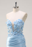 Sky Blue Sheath Floral Sweetheart Long Prom Dress with Slit