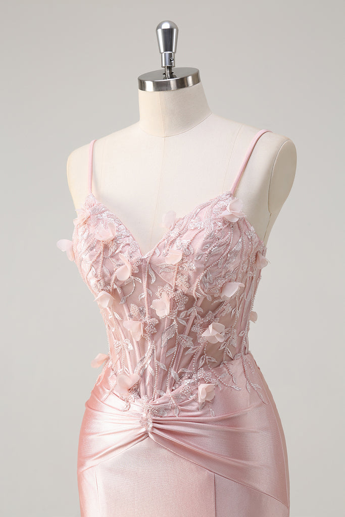 Appliques Open Back Spaghetti Straps Cheap Beads Mermaid Pink Prom Dress