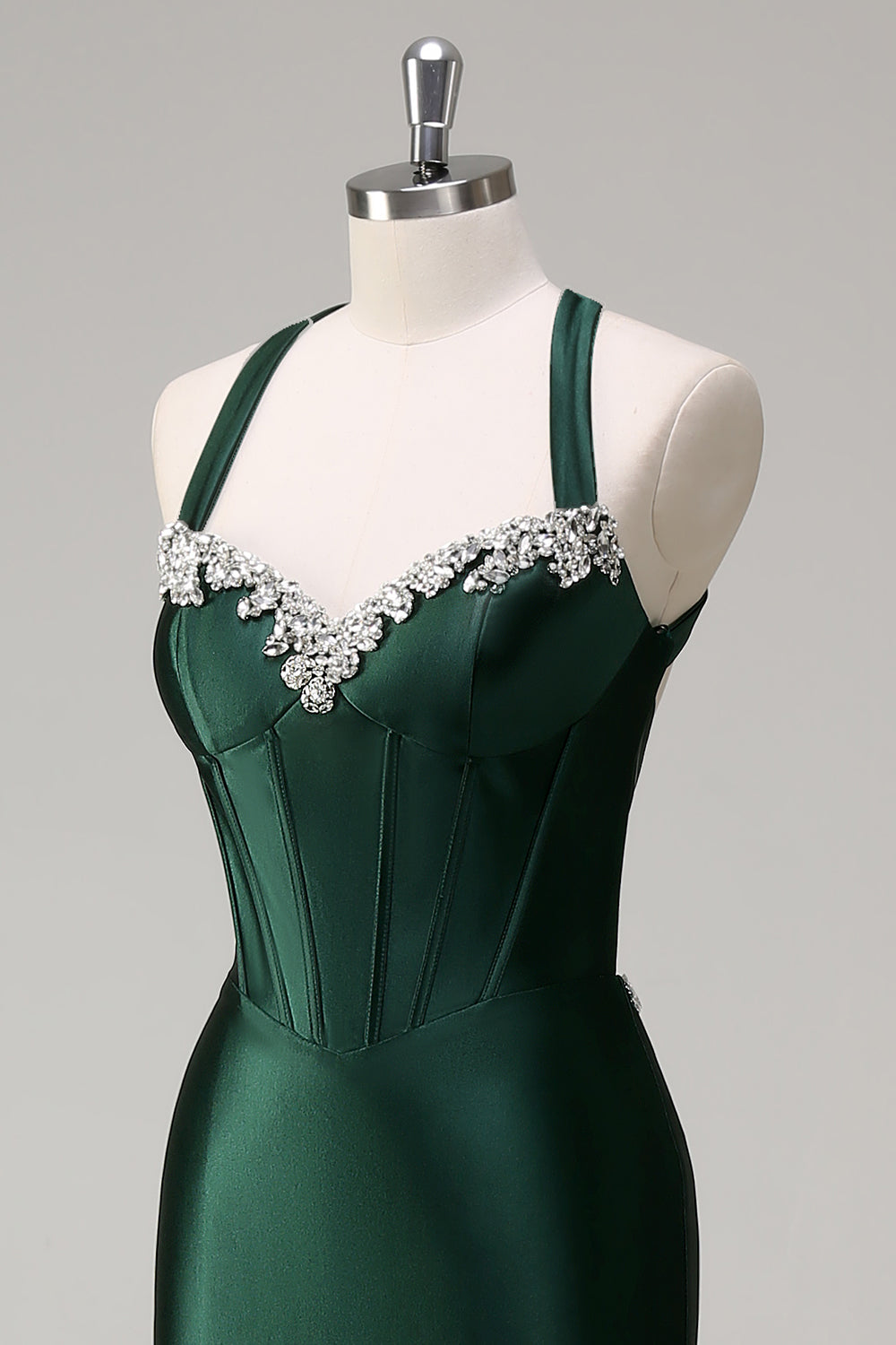 Zapakasa Women Dark Green Floral Mermaid Prom Dress Beaded Satin Corset